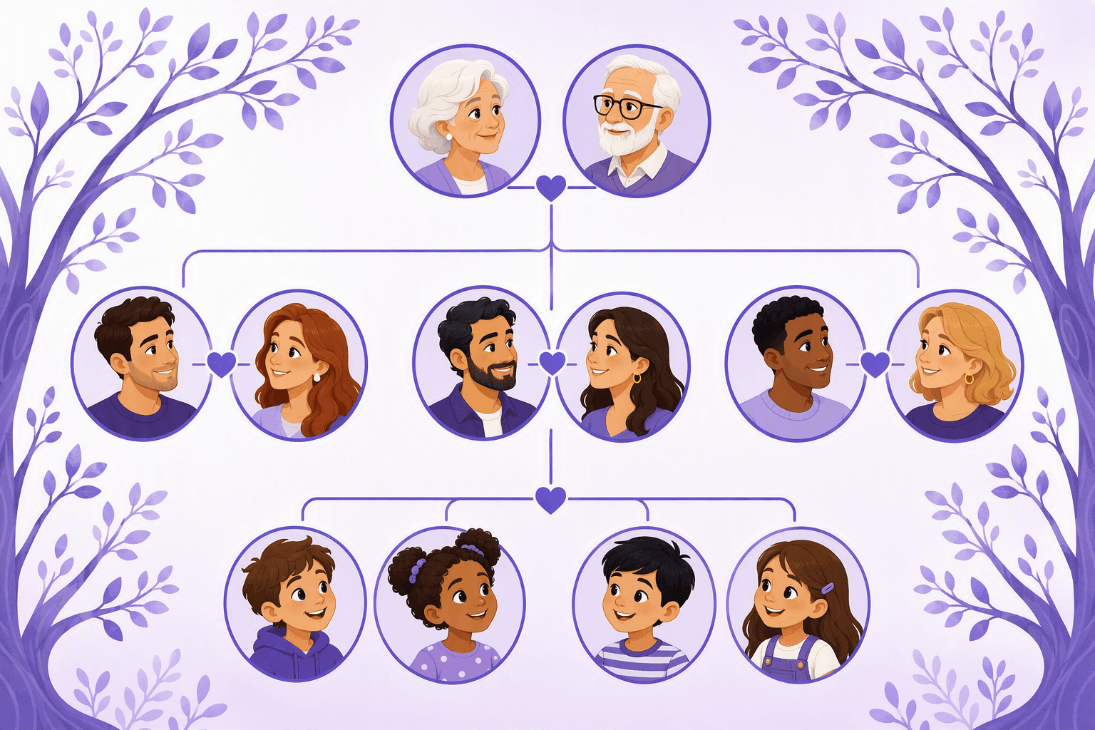 Illustrated family tree with three generations of round portraits connected by lines, grandparents at the top, parents in the middle and children at the bottom