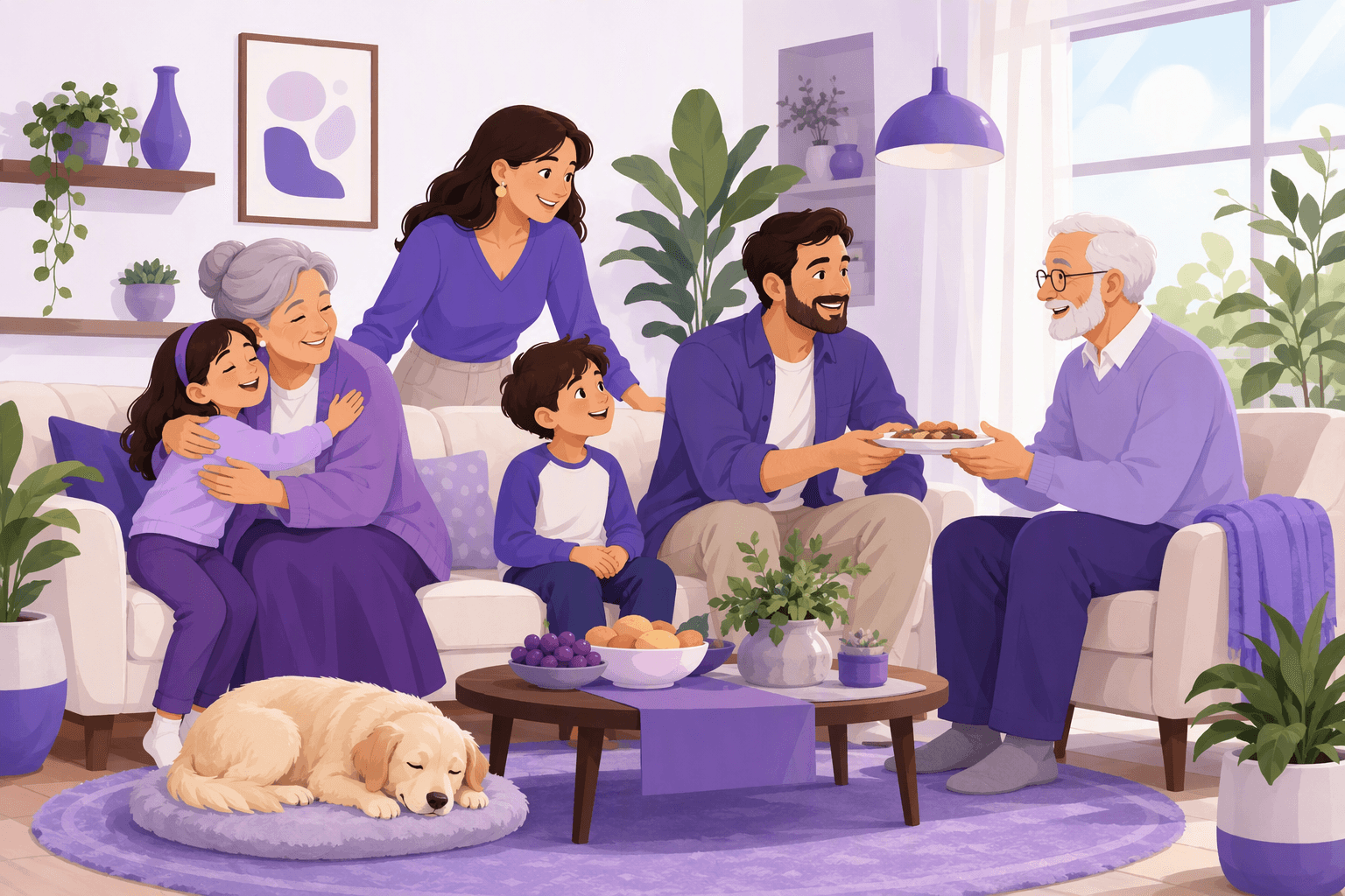 Three generations of a family sitting together in a bright living room, grandparents, parents and children talking, hugging and sharing food
