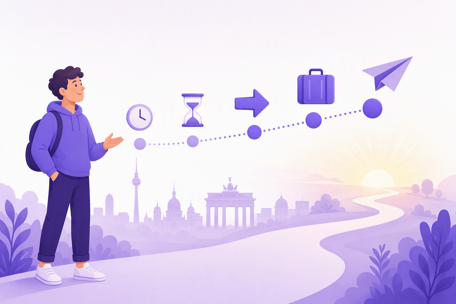 A learner following a dotted timeline of clock, hourglass, arrow, suitcase and paper plane icons toward a sunrise over a German skyline, illustrating how German points to the future