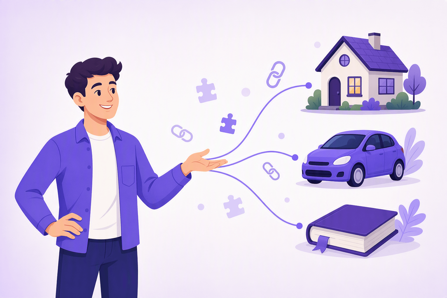 A person connected by curved lines to a house, a car and a book, illustrating how the German genitive links an owner to the things that belong to them