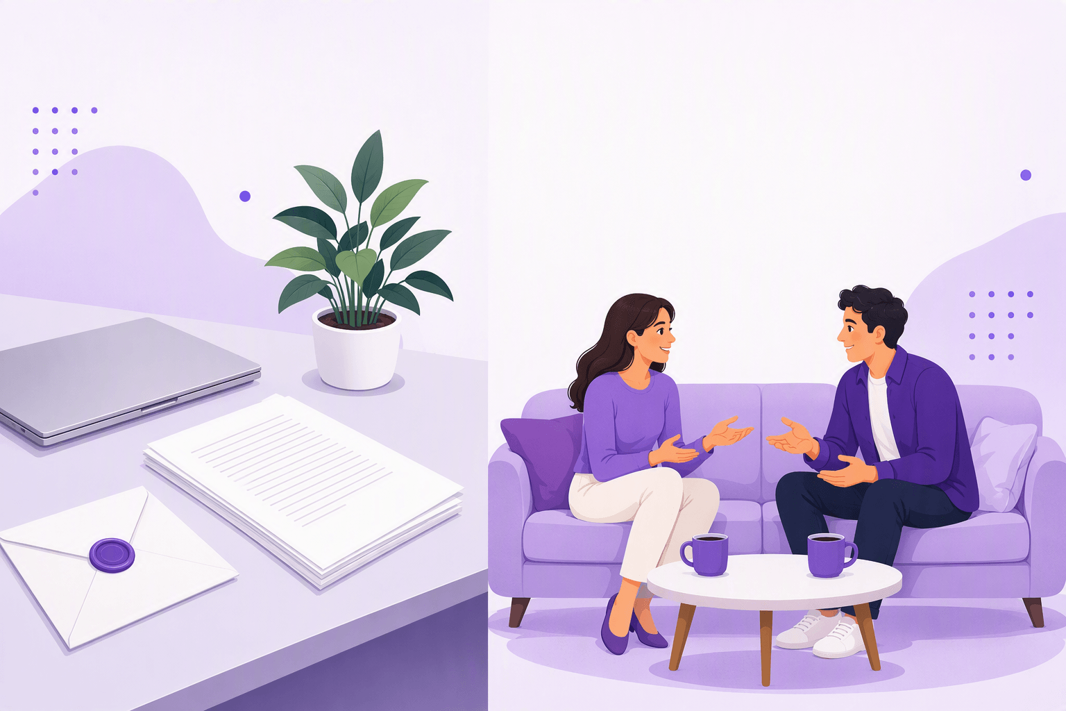 A tidy desk with a laptop, a stack of papers and a wax-sealed envelope on one side, and two people chatting over coffee on a sofa on the other, showing where genitive and von plus dative each belong