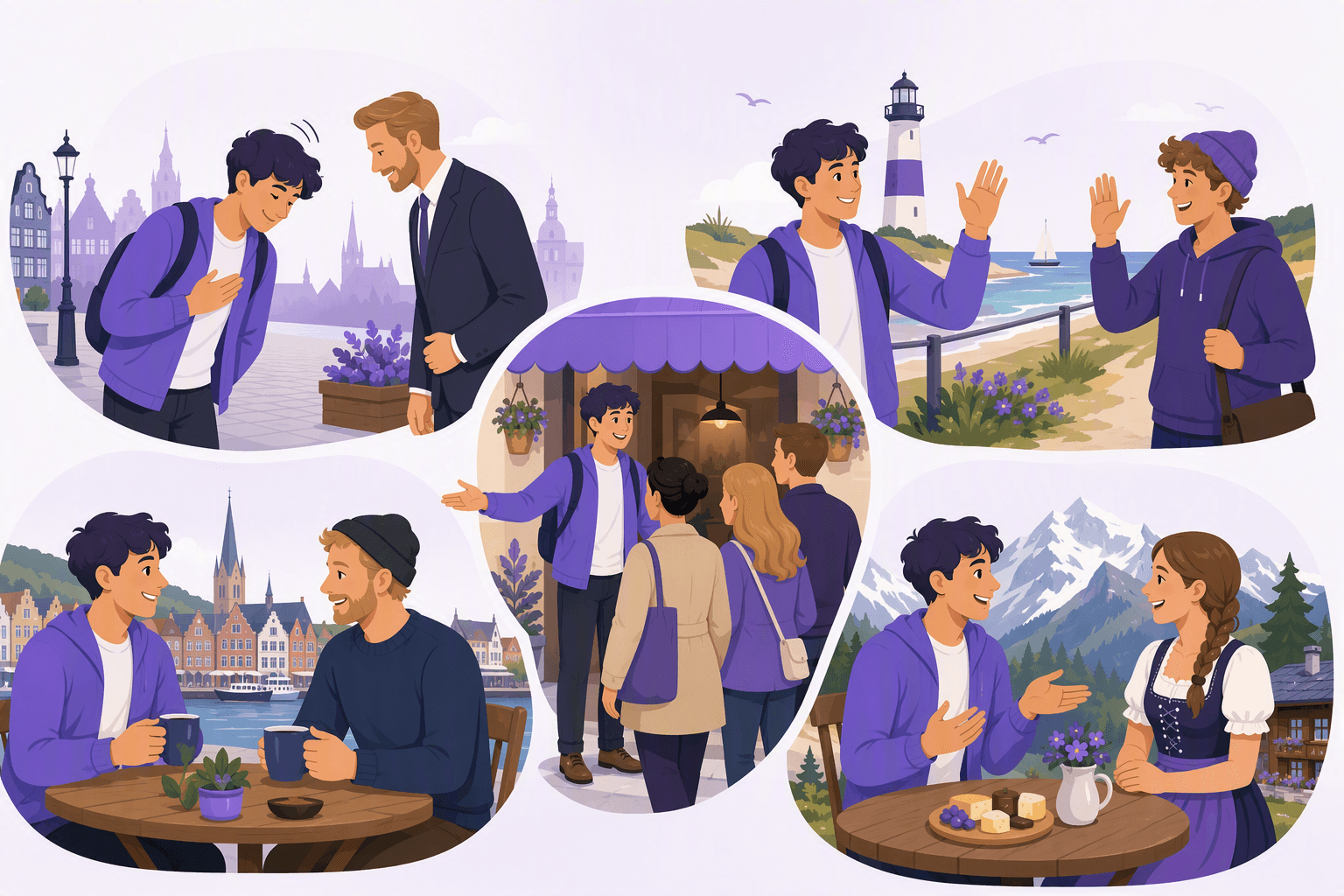 Flat-vector scene showing a language learner demonstrating formal and casual greetings, welcoming a group into a shop, and using regionally appropriate greetings in northern coastal and southern Alpine settings.