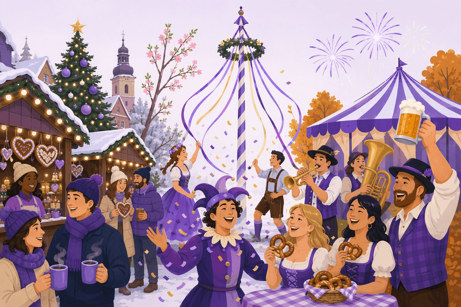 A year of German celebrations: a snowy Christmas market with gingerbread hearts and mulled drinks, a ribboned maypole and a carnival reveler in a jester hat, and an autumn beer-festival tent with a brass band, pretzels and a raised stein under fireworks
