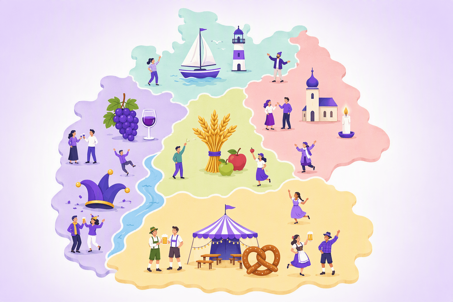 A stylized regional map of German celebrations: sailboats and a lighthouse for maritime festivals in the north, grapes and a wine glass in the west, a carnival jester hat by the western river valley, a harvest sheaf and apples in the middle, a beer tent and pretzel in the south, and a village church with a candle in the east