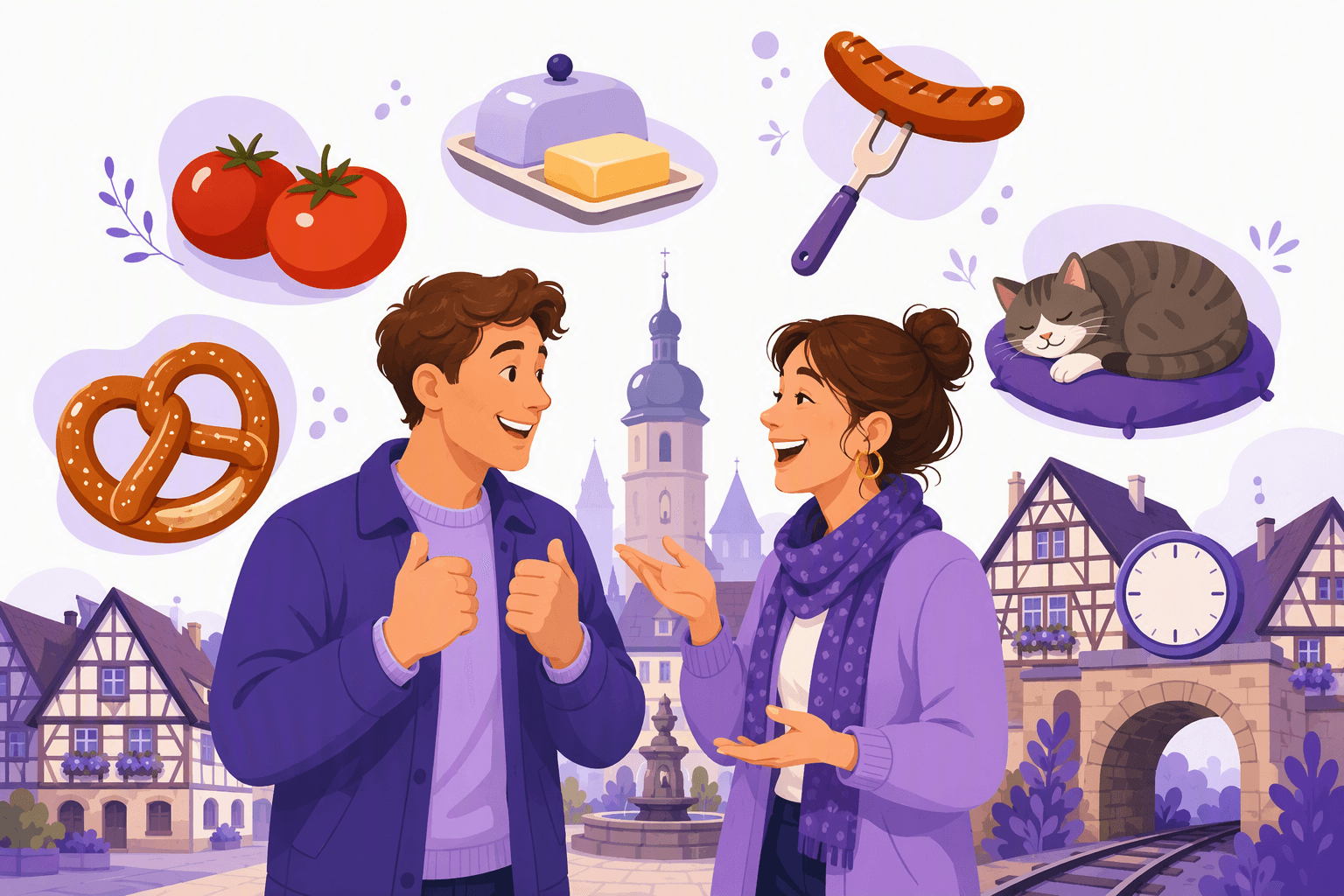 Two friends chatting in a German old-town square, one pressing their thumbs for luck, surrounded by icons of common German idioms: tomatoes, a butter dish, a sausage on a fork, a sleeping cat, a pretzel and a railway arch