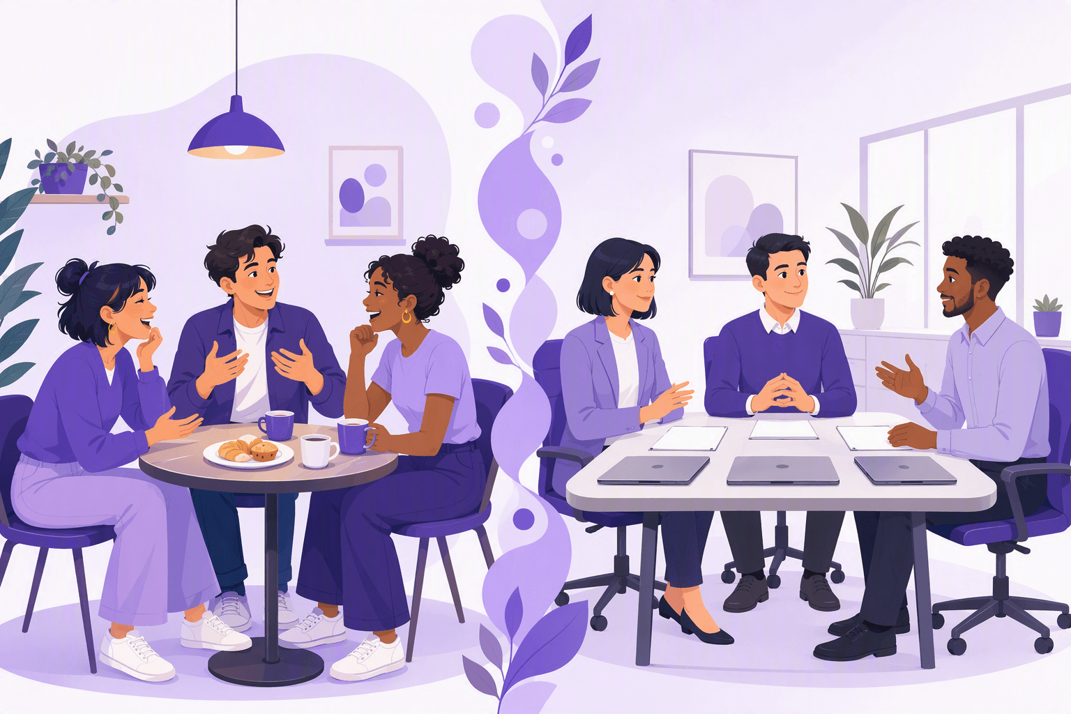 Split illustration comparing two registers: on the left friends laugh and gesture freely around a cafe table, on the right the same kind of people sit upright in a calm office meeting with measured, polite gestures