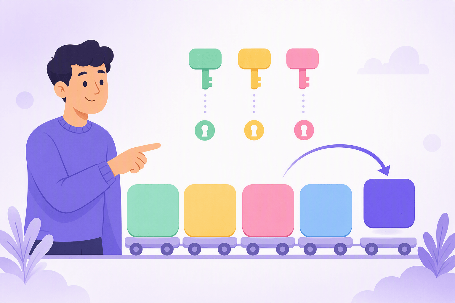 Uma pessoa simpática com uma camisola roxa a apontar para cinco blocos arredondados em branco alinhados como vagões de comboio, enquanto uma seta curva levanta o último bloco índigo e o move para o final da fila, e três chaves com cores diferentes pairam sobre três fechaduras correspondentes, ilustrando a ordem das palavras alemã com o verbo no final e os três géneros dos substantivos