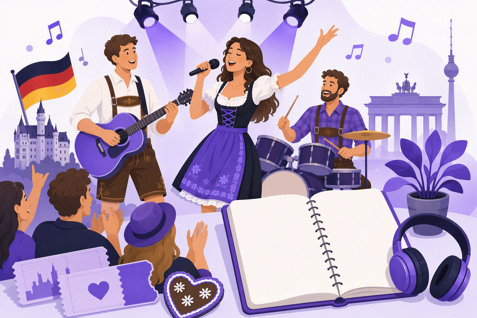 Flat-vector illustration showing a singer, guitarist, and drummer performing on a colorful stage beside concert tickets, headphones, musical notes, and an open blank notebook.