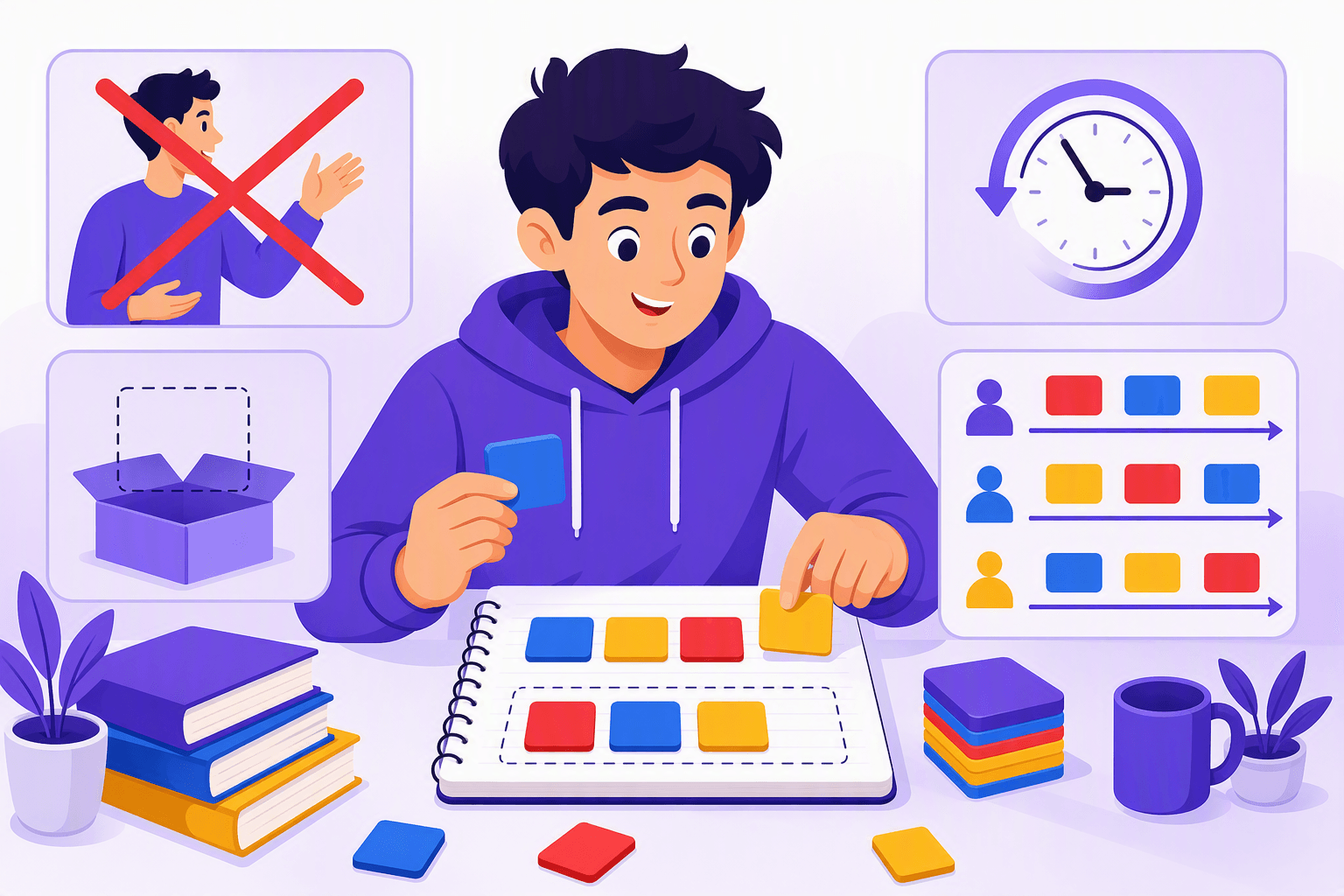 Flat-vector scene of a language learner studying German negation through visual tiles representing actions, nouns, time, and changing word order.