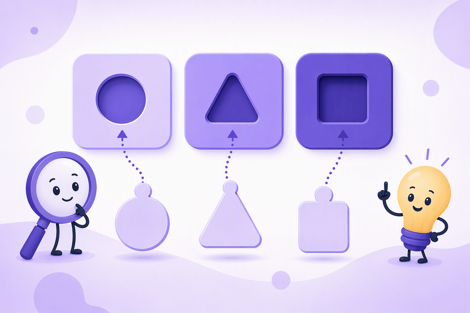 Abstract tiles with distinctive shaped tails snapping into three matching sockets, a metaphor for noun endings predicting gender