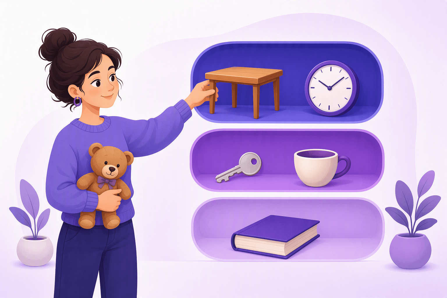A learner sorting everyday objects into three separate shelf compartments, illustrating the three German noun classes