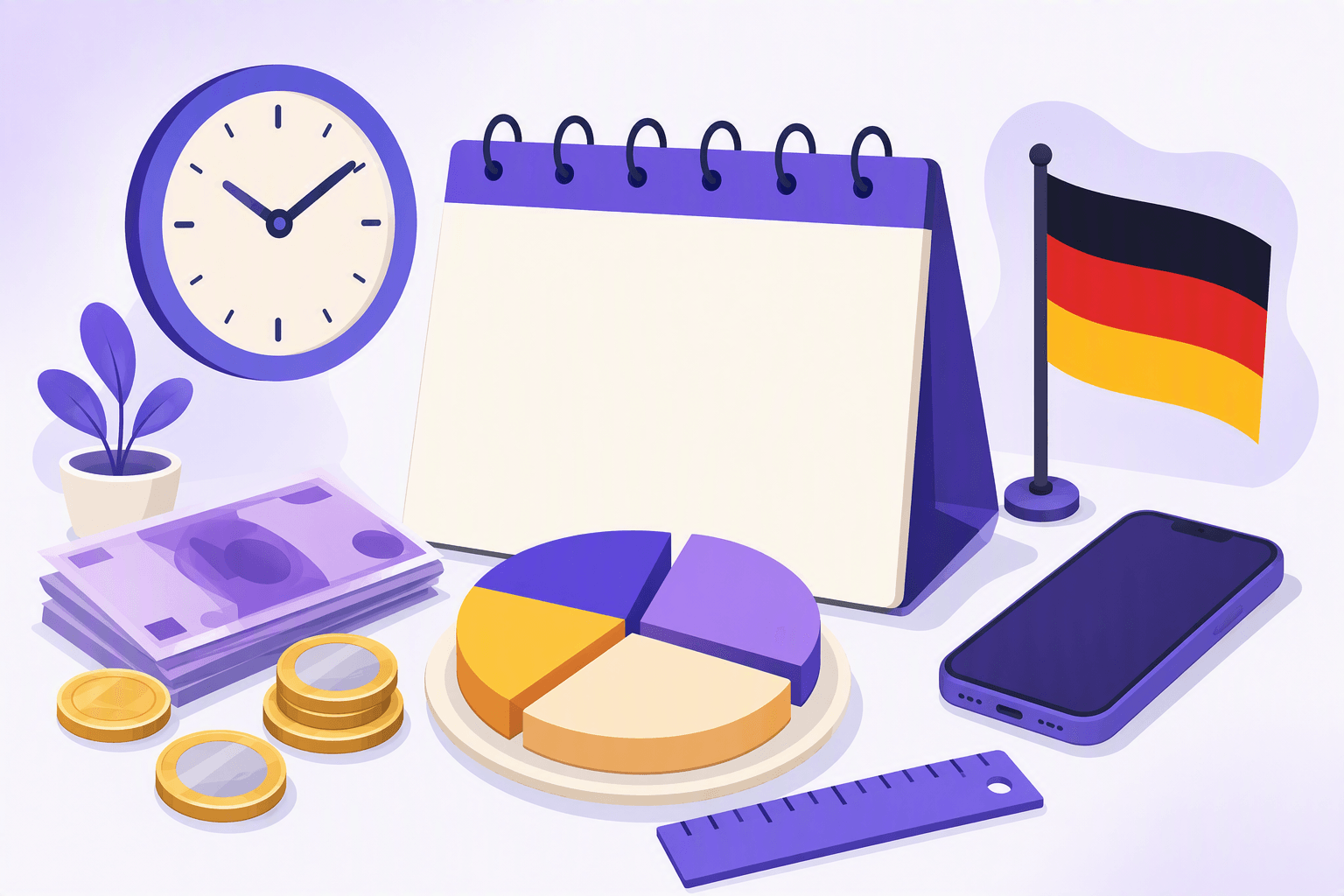 Flat-vector illustration showing a blank calendar, clock, euro currency, fractional pie, ruler, smartphone, and German flag to represent advanced German numbers used for dates, time, money, decimals, phone numbers, and fractions.
