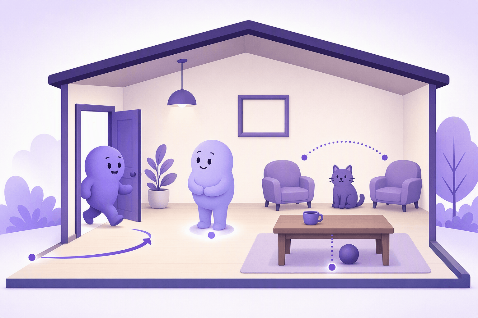 A cutaway room showing German preposition relationships: a figure moving through a doorway into the room, a figure standing in a fixed spot, a cup on a table, a ball under the table, a cat between two armchairs and a frame on the wall