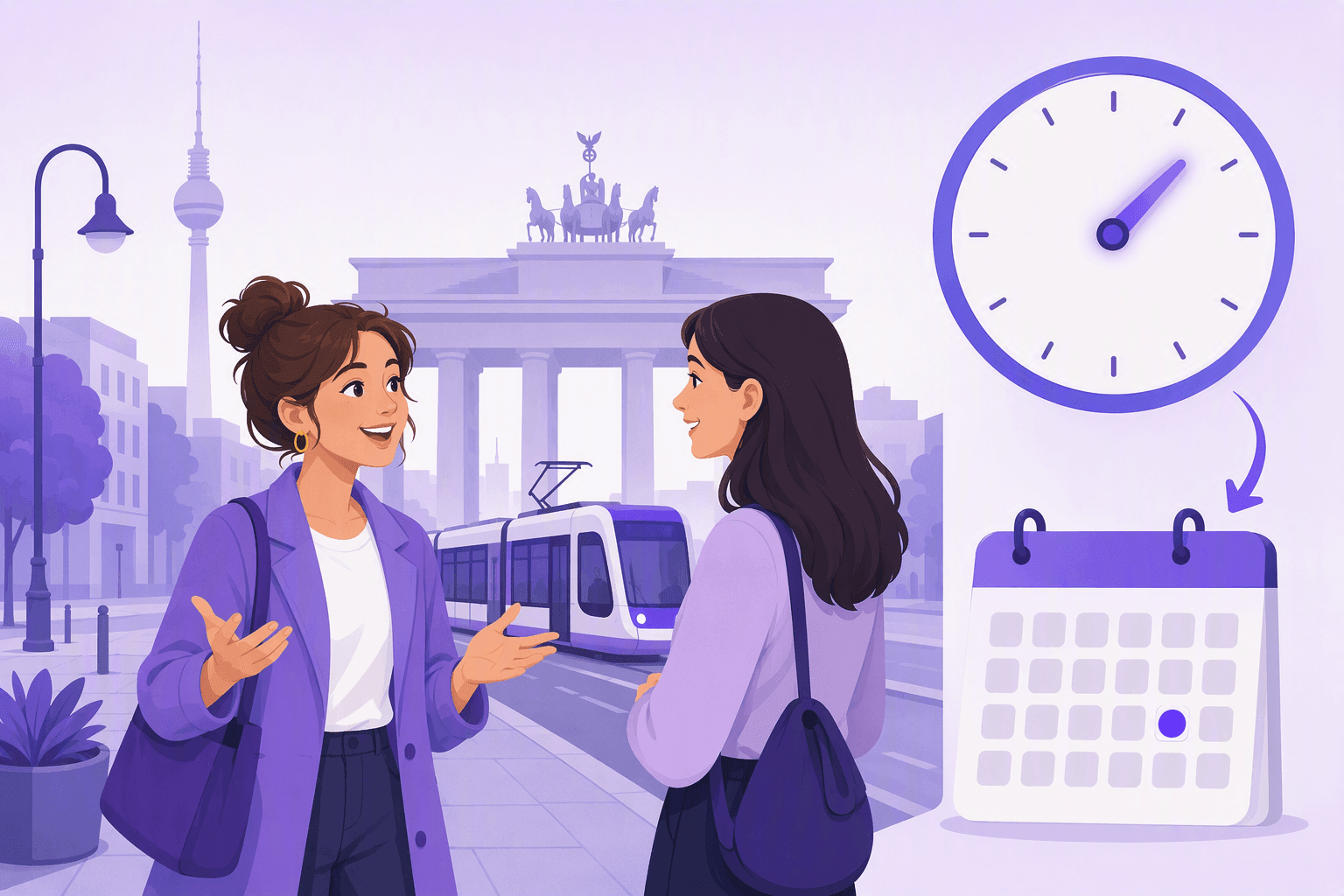 Two friends talking on a German street while a clock and a calendar show that Präsens covers both now and the near future