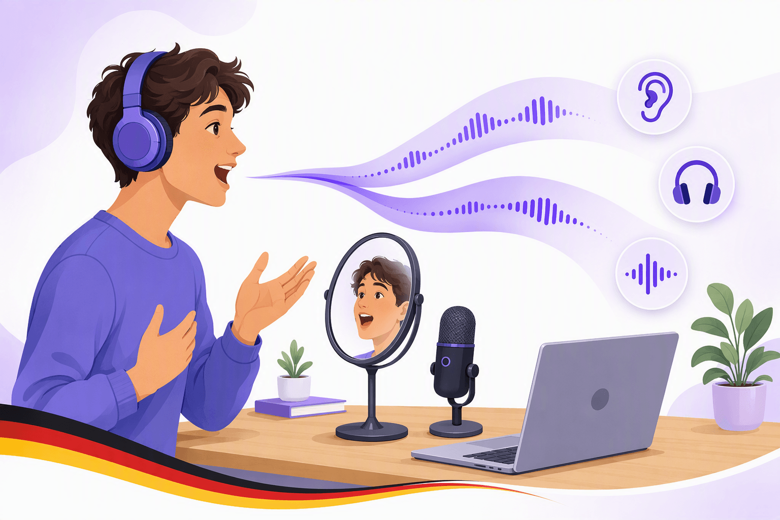 Learner practicing German pronunciation aloud in front of a desk mirror with headphones and a microphone, sound waves splitting into two contrasting strands