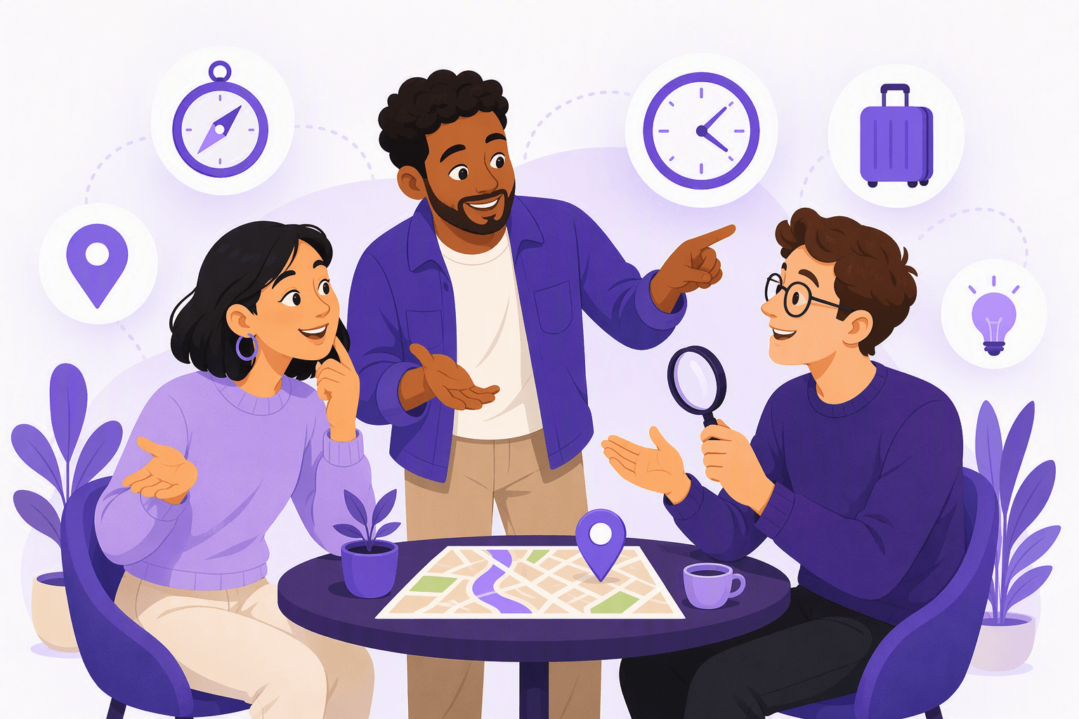 Three friends at a cafe table leaning toward each other with curious expressions, surrounded by icons of a compass, a location pin, a clock and a magnifying glass
