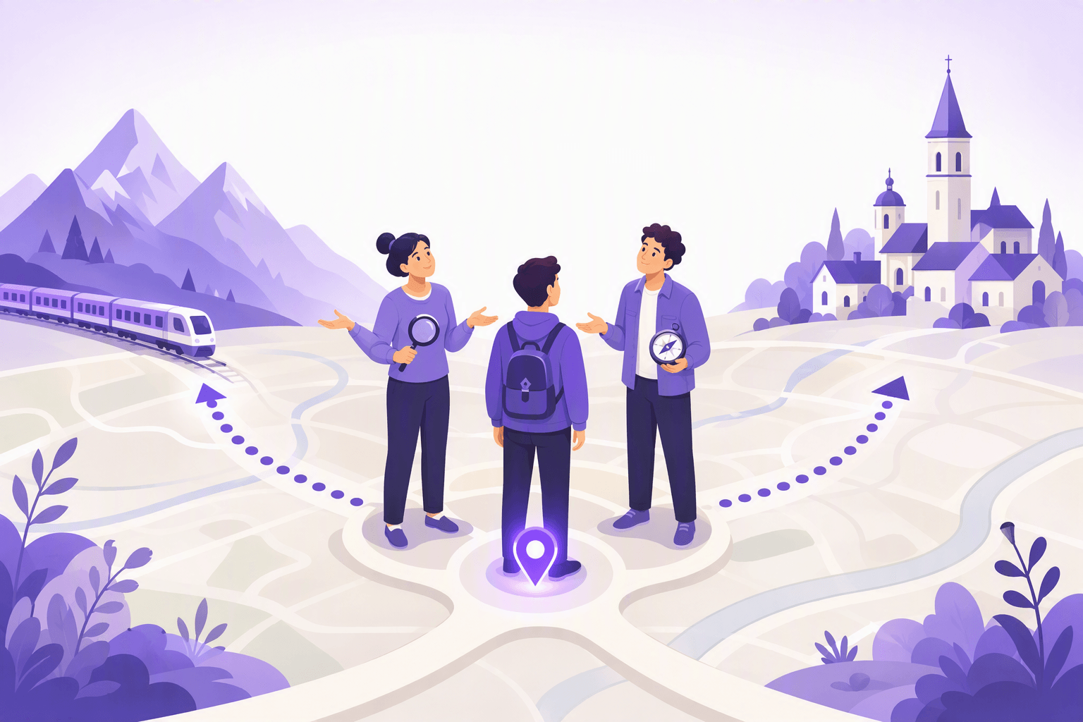 A traveller standing on a glowing location pin at a crossroads, with one dotted path arriving from distant mountains and a train, and another leading away toward a village with a church tower