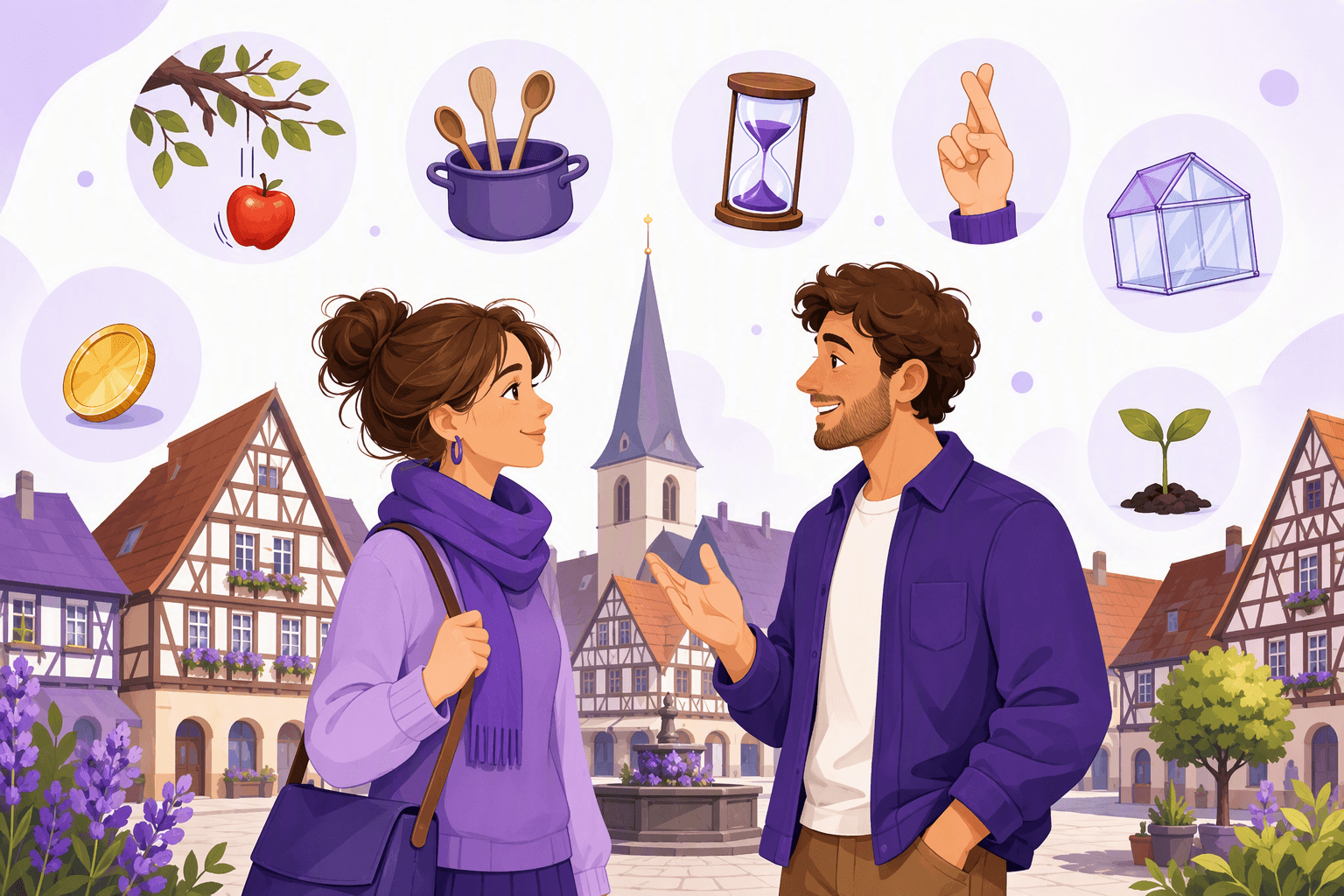 Two people talking in a German old-town square, surrounded by icons of classic German proverbs: a falling apple, a pot with wooden spoons, an hourglass and a small glass house