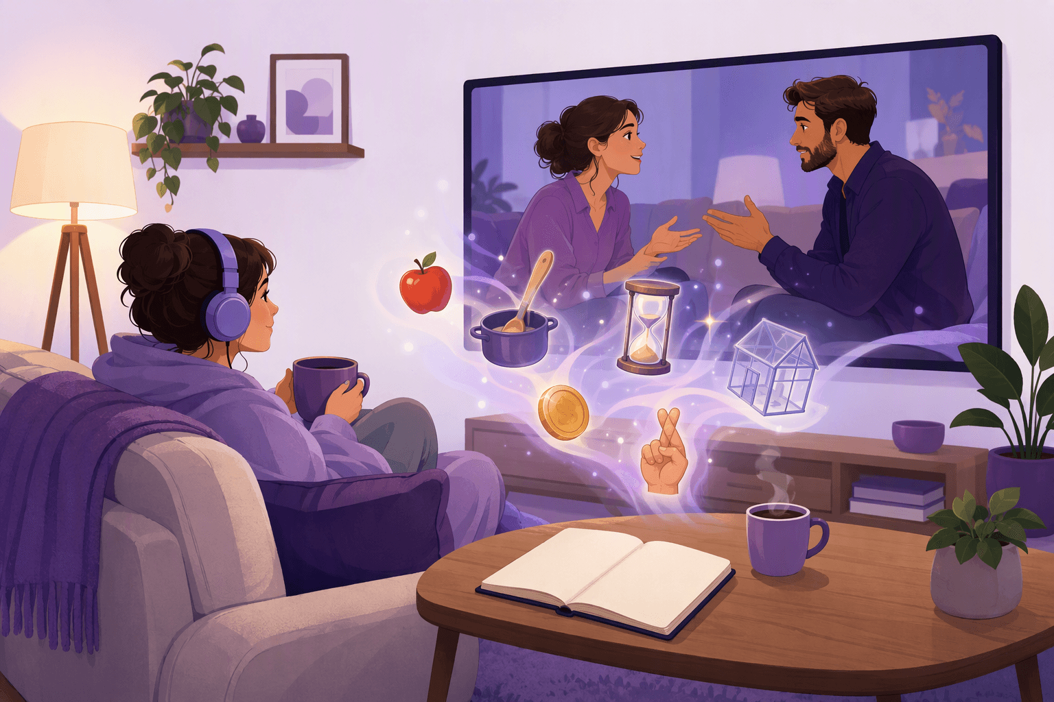 A learner on a couch watching a German film scene, with proverb symbols drifting out of the screen: an apple, a pot with a spoon, an hourglass, a coin, crossed fingers and a small glass house