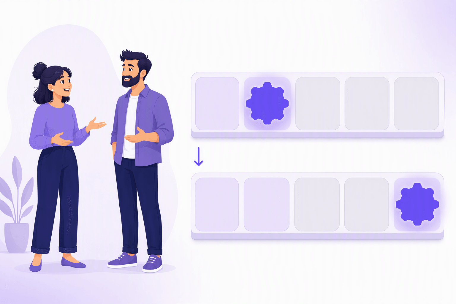 Two people chatting beside two rows of blank sentence slots: in the upper row a purple gear tile sits in the second slot, in the lower row the same tile has moved to the very last slot, showing how the German verb is second in a main clause and last in a subordinate clause