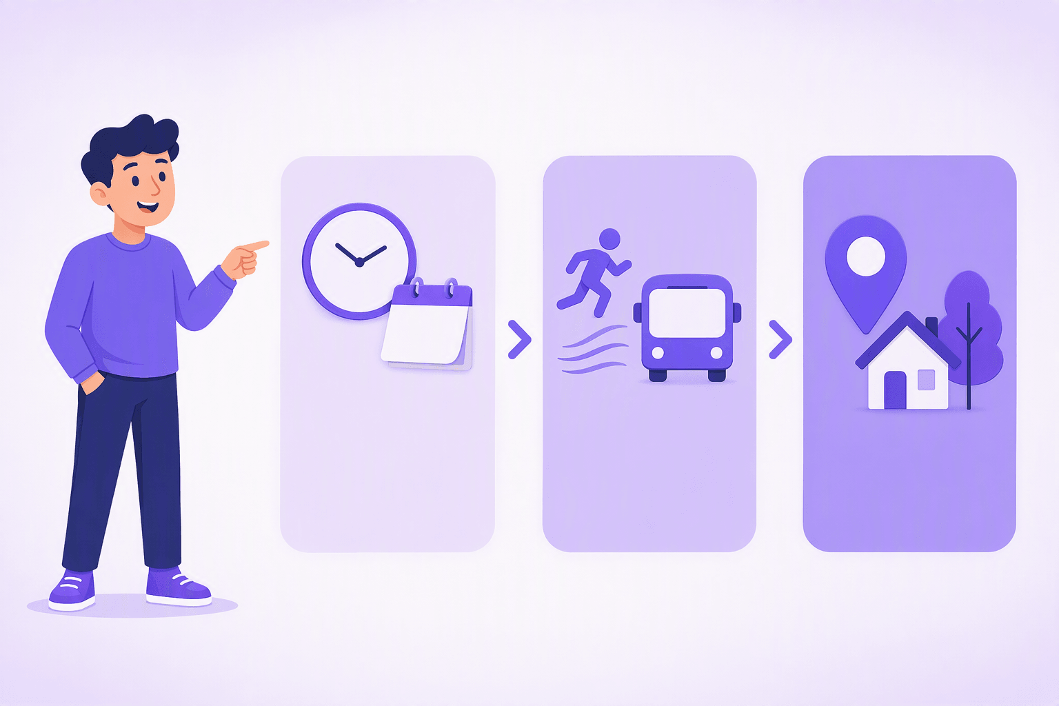 Three cards lined up left to right and joined by arrows: a clock and a calendar page for time, a running figure and a bus with motion lines for manner, then a map pin, a house and a tree for place, showing the neutral German order of adverbial information