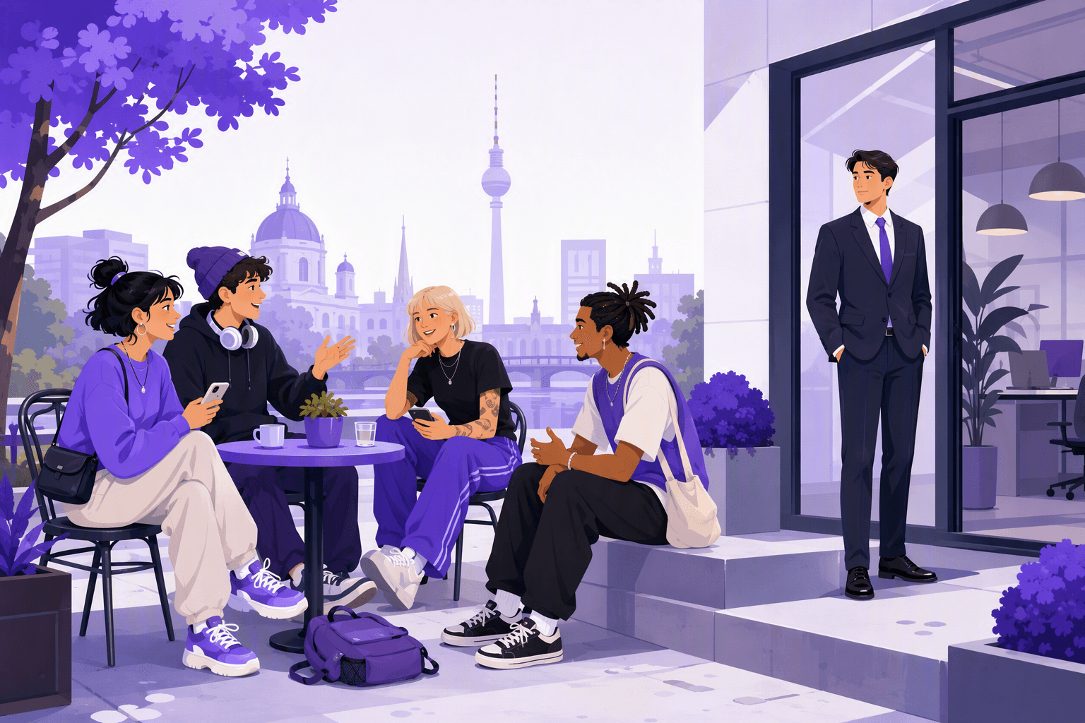 Flat-vector scene showing diverse young adults using smartphones and chatting casually at a café while a suited person stands by an office entrance, contrasting informal and formal communication settings.