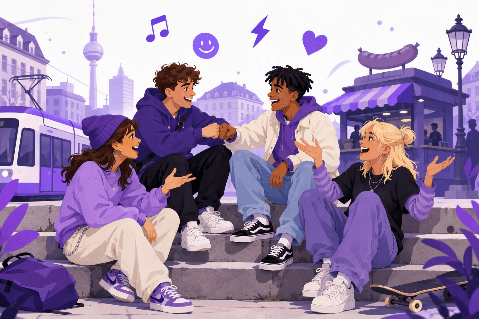 Four young friends sitting on steps in a German city square, laughing and fist-bumping mid-conversation, with a tram and a sausage kiosk behind them