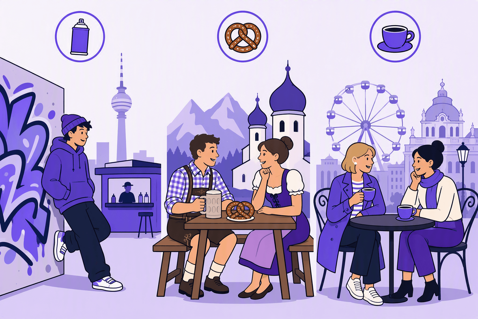 Three panels side by side: a young person by a graffiti wall under the Berlin TV tower, two friends with a pretzel and a beer stein at an Alpine beer garden, and two people with coffee cups at a Viennese cafe table by the Ferris wheel