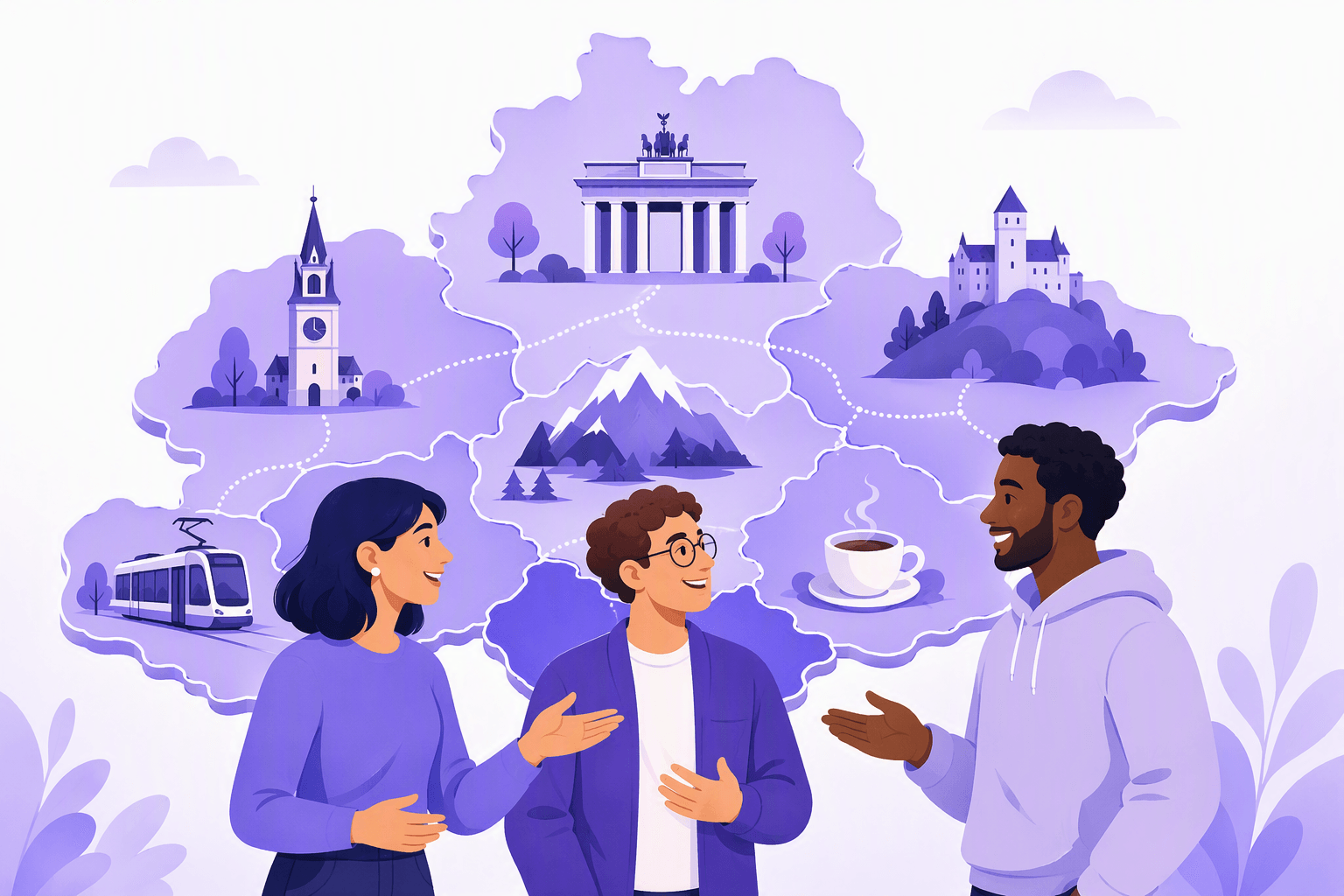 Map shapes of the German-speaking countries with landmarks, mountains and a tram, and three people chatting in front of them