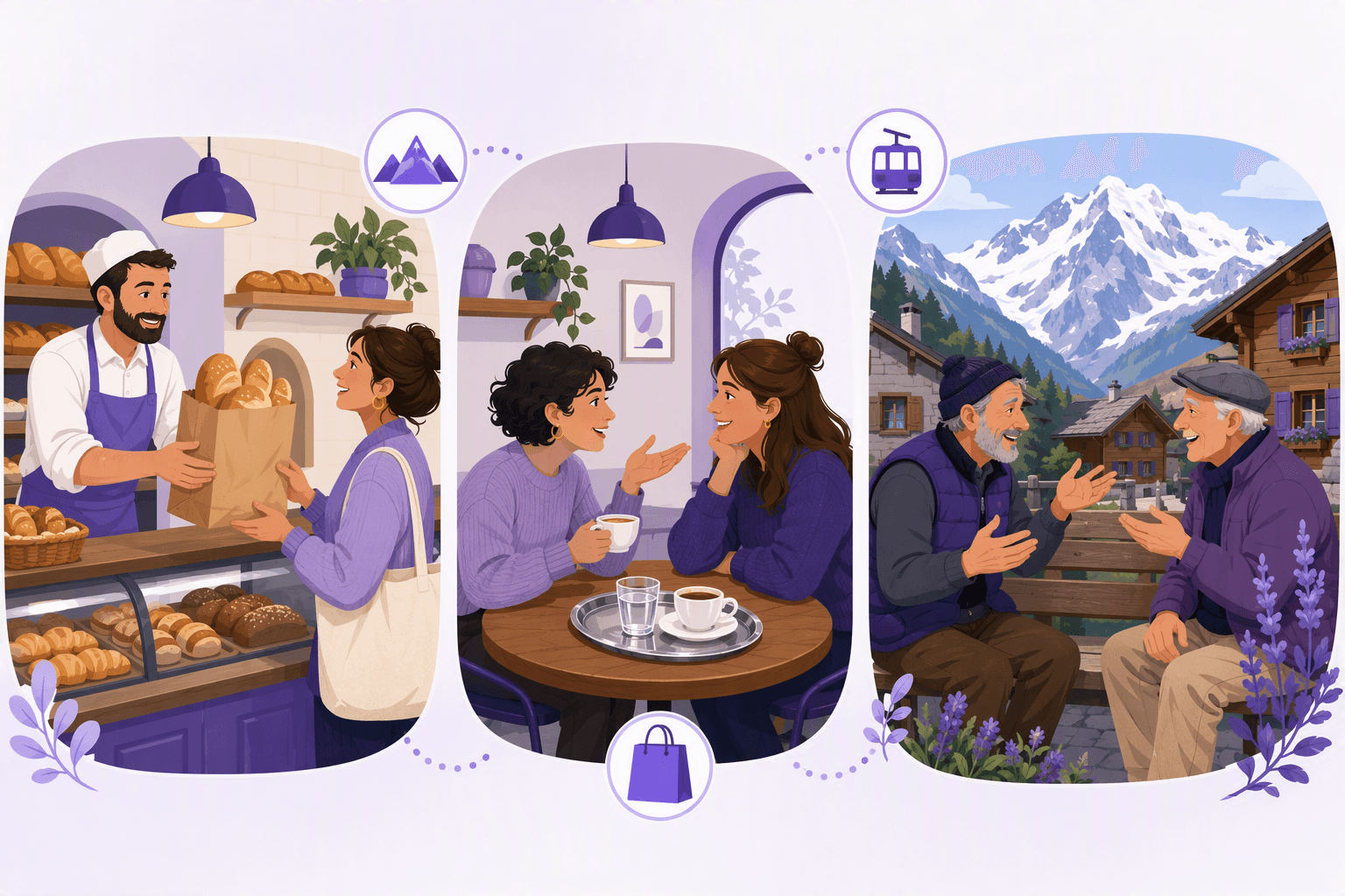 Three everyday scenes side by side: a bakery counter, a coffee house table with a small tray, and two neighbours chatting on a bench in an alpine village