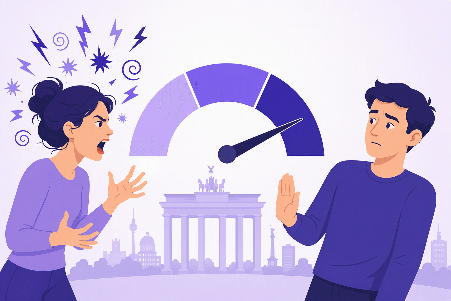 Two people in a heated German conversation with an intensity gauge between them and the Brandenburg Gate in the background