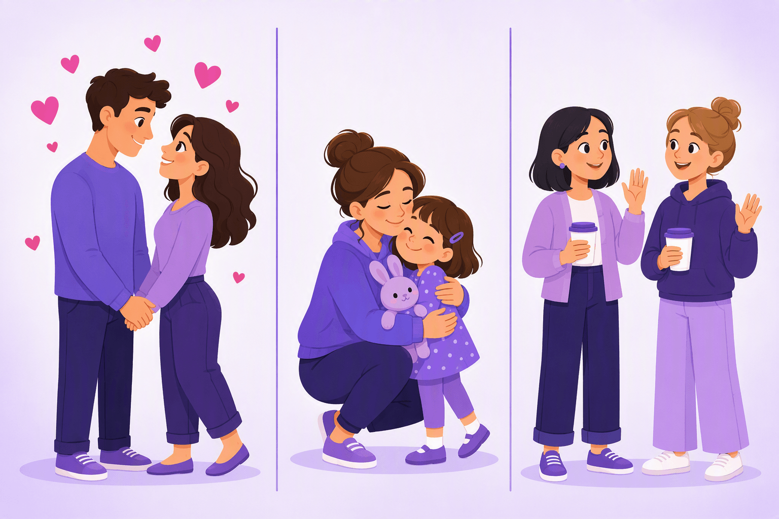 Three situations side by side: a romantic couple surrounded by hearts, a parent hugging a small child holding a bunny plush, and two friends greeting each other more casually