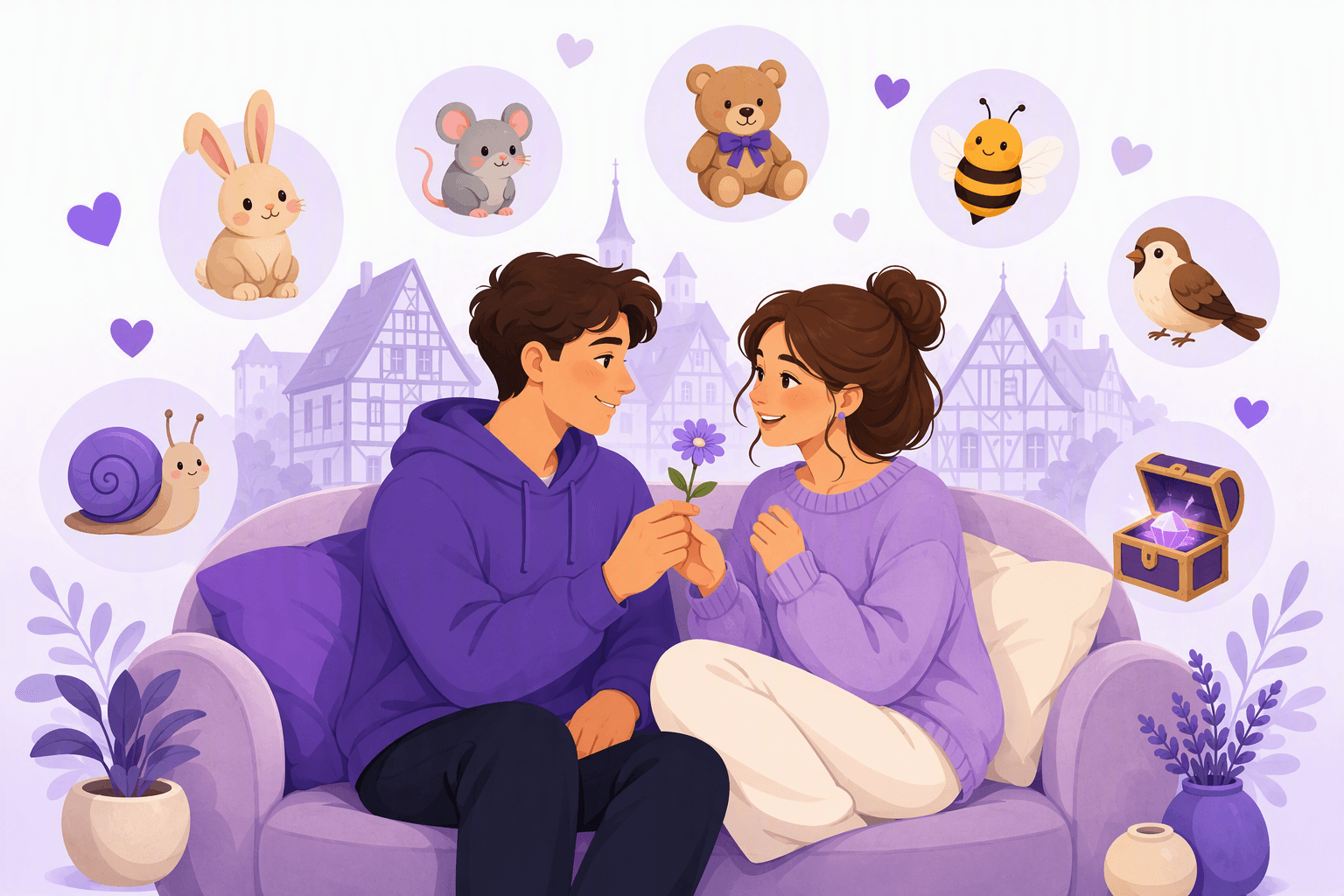A German couple sitting close on a sofa, surrounded by illustrated pet name symbols: a bunny, a mouse, a teddy bear, a bee, a sparrow, a snail and a treasure chest