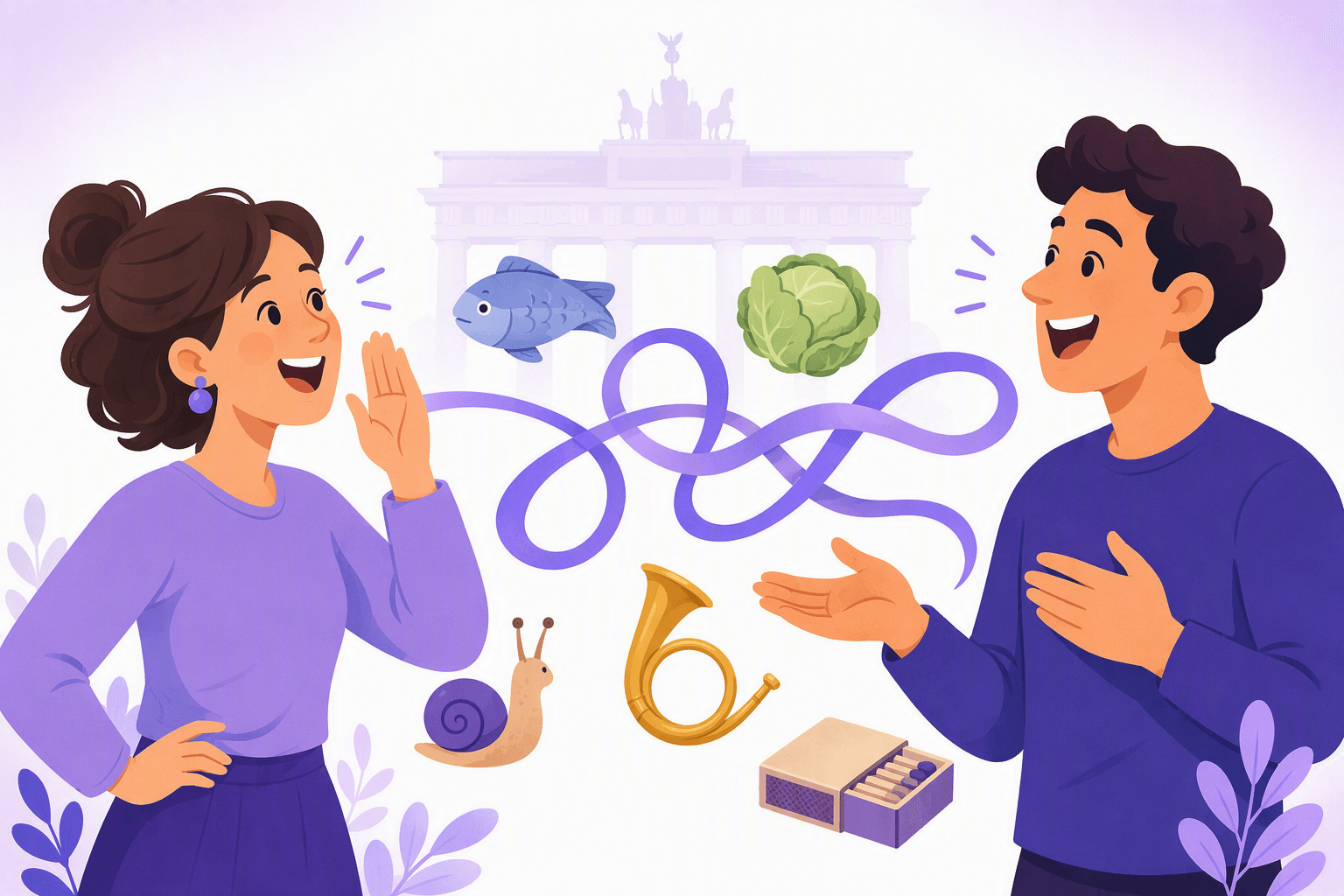Two friends laughing while practicing German tongue twisters, with a knotted purple ribbon looping between them and floating icons of a fish, a cabbage head, a post horn, a snail and a matchbox in front of a pale Brandenburg Gate