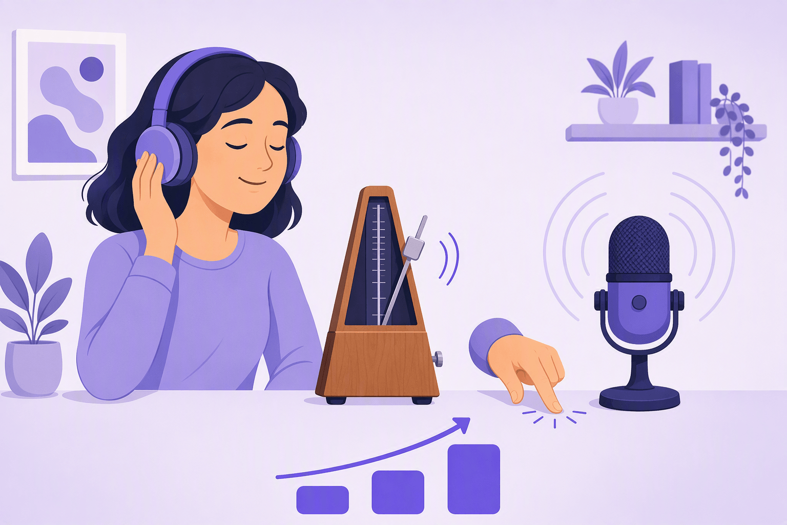 Illustration of a practice desk with a swinging metronome, a hand tapping a steady beat, a recording microphone with sound waves, a listener wearing headphones, and three rising purple bars showing the slow-to-fast speed ladder