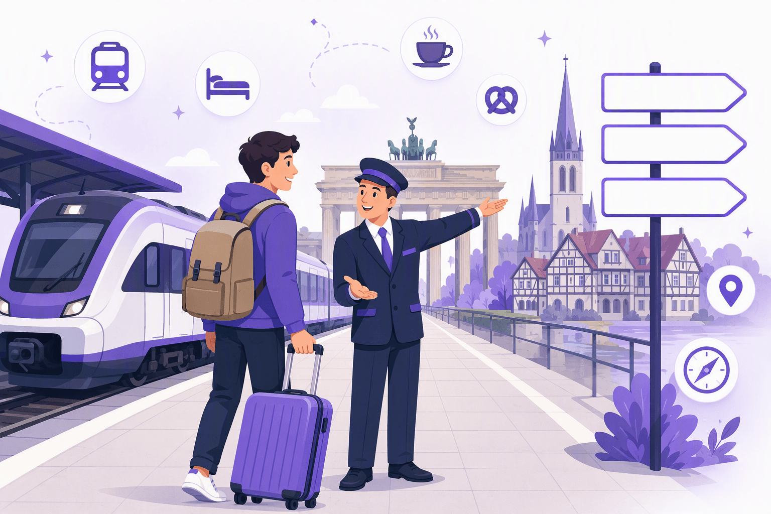 A traveler with a suitcase asking a station attendant for directions on a German train platform, with landmarks and travel icons in the background