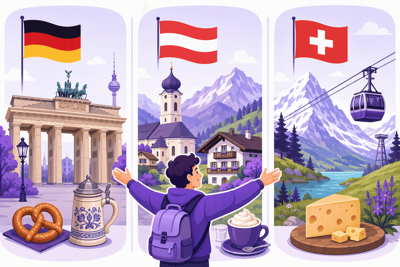 Three travel scenes side by side: Germany with a city gateway, pretzel and beer stein, Austria with an alpine village church and coffee, and Switzerland with mountains, a cable car and cheese