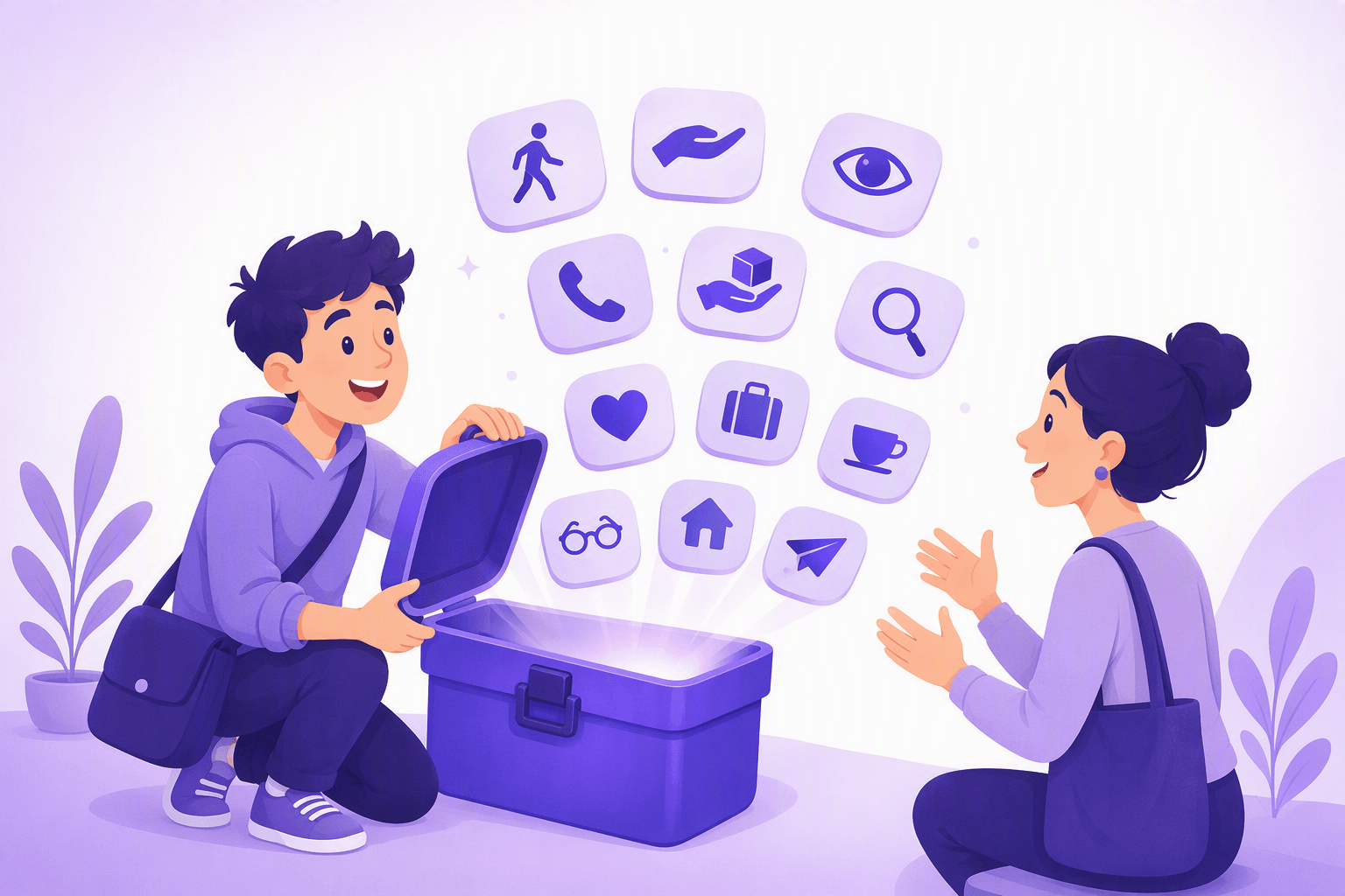 Two learners facing each other while one opens a toolbox and a dozen rounded tiles float up, each carrying a simple action icon such as a walking figure, an open hand, an eye, a telephone, a suitcase and a coffee cup, a metaphor for a compact set of core German verbs