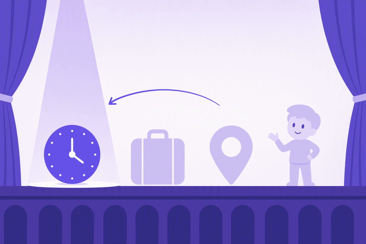 A stage where a spotlight falls on the leftmost spot: a clock standing there glows purple while a suitcase, a map pin and a person wait in pale shadow, and an arrow shows one of them stepping into the lit first spot