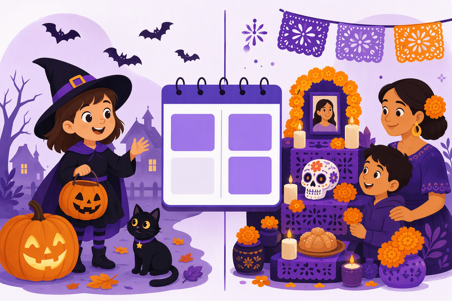 Flat-vector illustration contrasts Halloween on October 31, represented by a costumed child, pumpkin, and bats, with Mexico’s Día de Muertos on November 1–2, represented by an altar, marigolds, candles, papel picado, and a sugar skull.