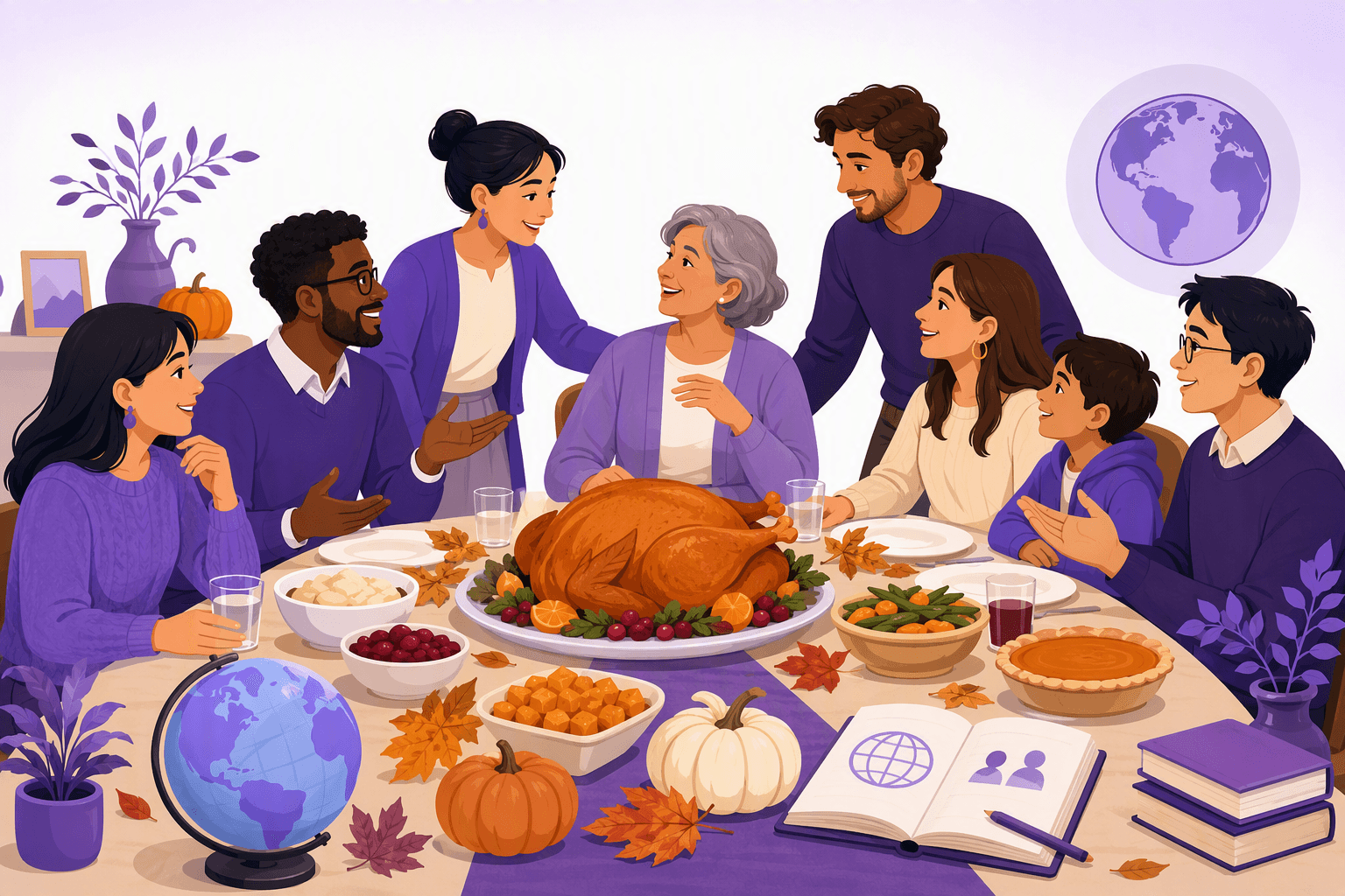 A diverse group of family members and coworkers shares a Thanksgiving meal around a table with a roasted turkey, autumn leaves, pumpkins, a globe, and an open notebook.