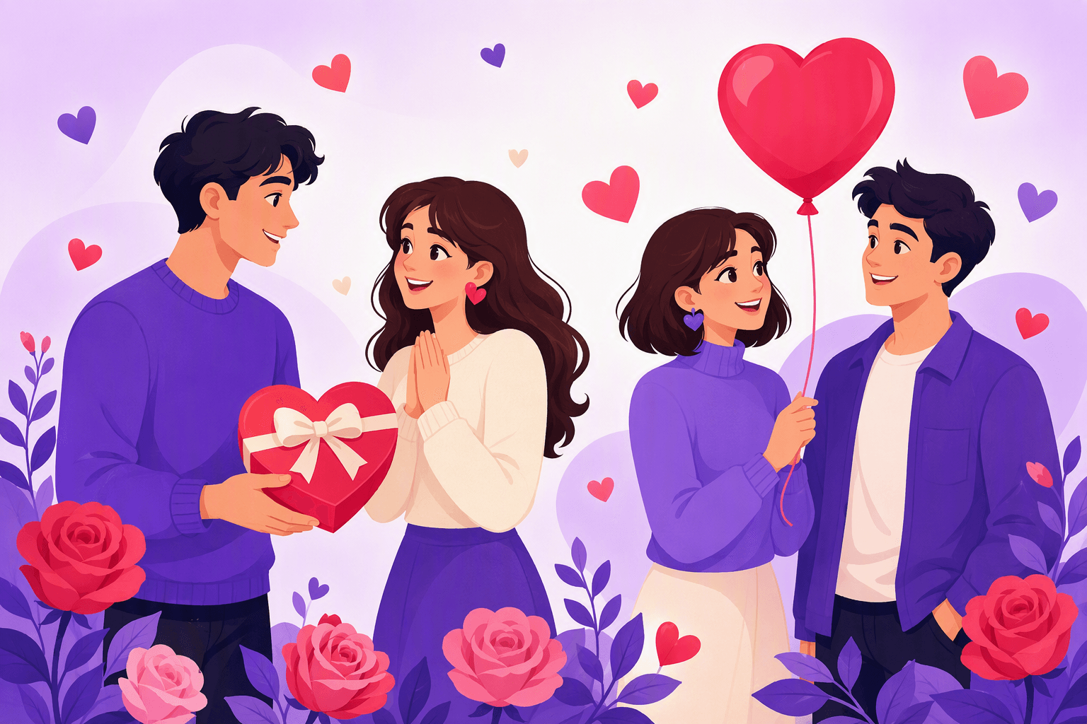 A couple exchanges a heart-shaped gift while two friends share a heart-shaped balloon among roses and decorative hearts.
