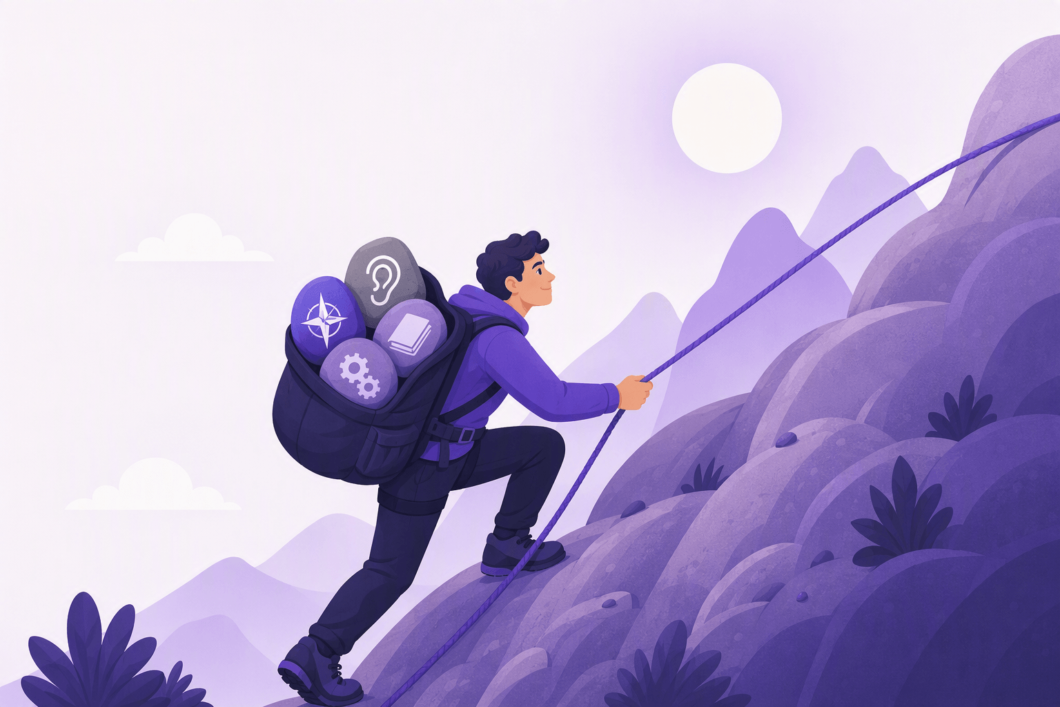 Climber pulling themselves up a steep rounded mountain slope with a rope, carrying an open backpack from which four rounded weight stones stick out, each stone marked with one simple pictogram for a difficulty driver: an ear for new sounds, a closed book for the writing system, two interlocking gears for grammar, and a compass rose for linguistic distance