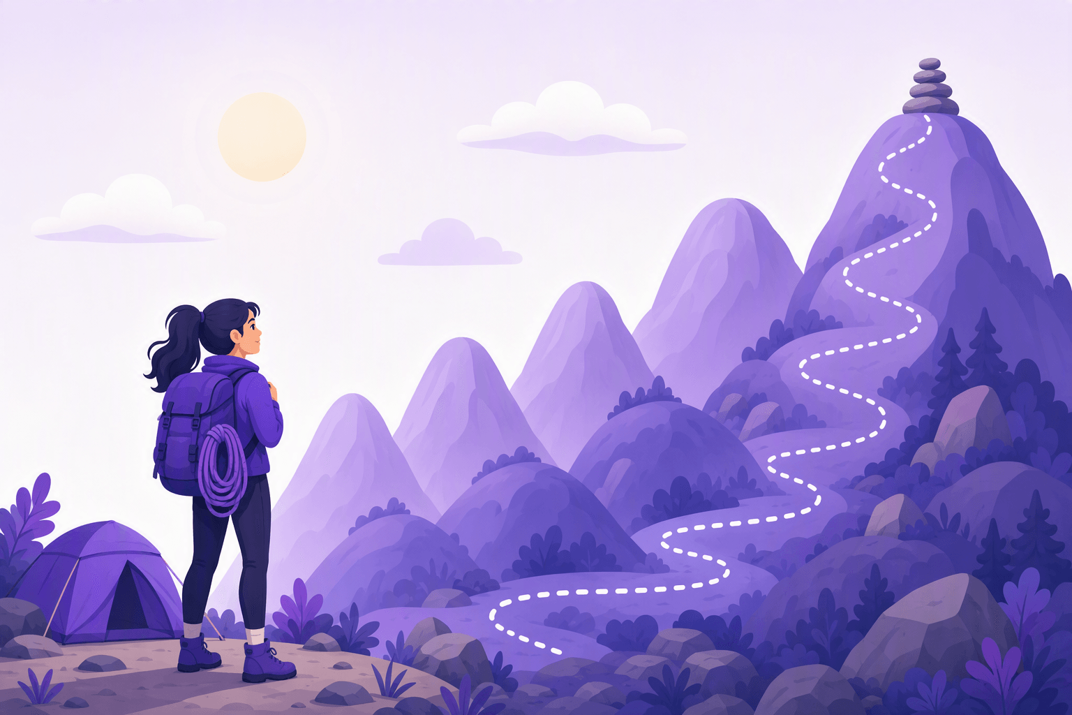 Learner with a backpack and a coiled climbing rope standing at a small base camp beside a tent, looking toward a range of five rounded mountains that rise steadily higher from left to right, with a dotted switchback trail winding up the tallest peak toward a cairn of stacked stones on the summit under a soft sun