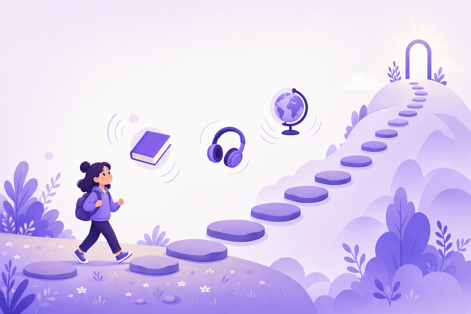 A learner walking up a path of stepping stones that rises from an easy meadow toward a steeper hill, with a book, headphones and a globe floating nearby