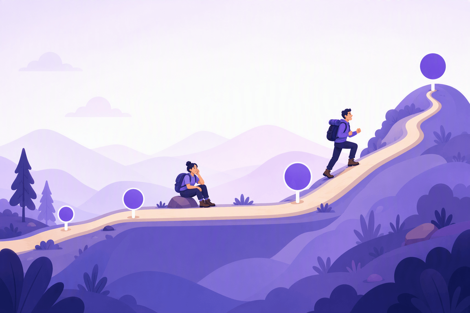 A hiking trail crossing hills: a gentle first slope, a long flat plateau where one hiker sits resting, then a steep climb where another hiker heads toward a distant summit marker