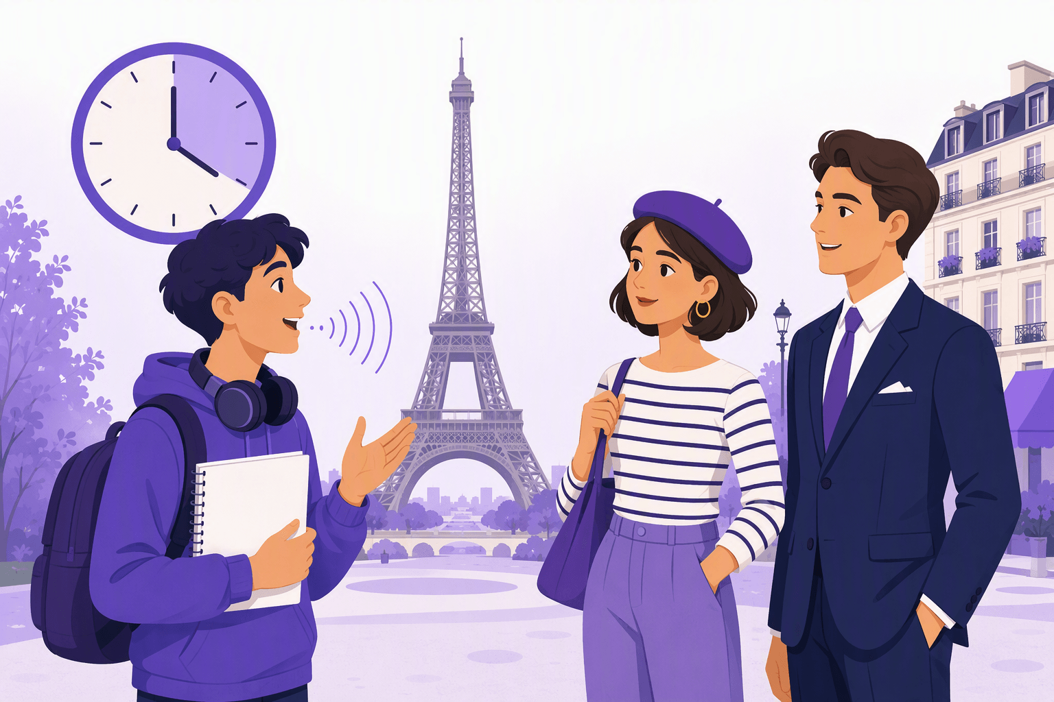 Flat-vector illustration of an English-speaking learner studying French beside the Eiffel Tower, using headphones and a blank workbook while a clock, nasal sound waves, and casually versus formally dressed speakers represent the language’s learning demands.