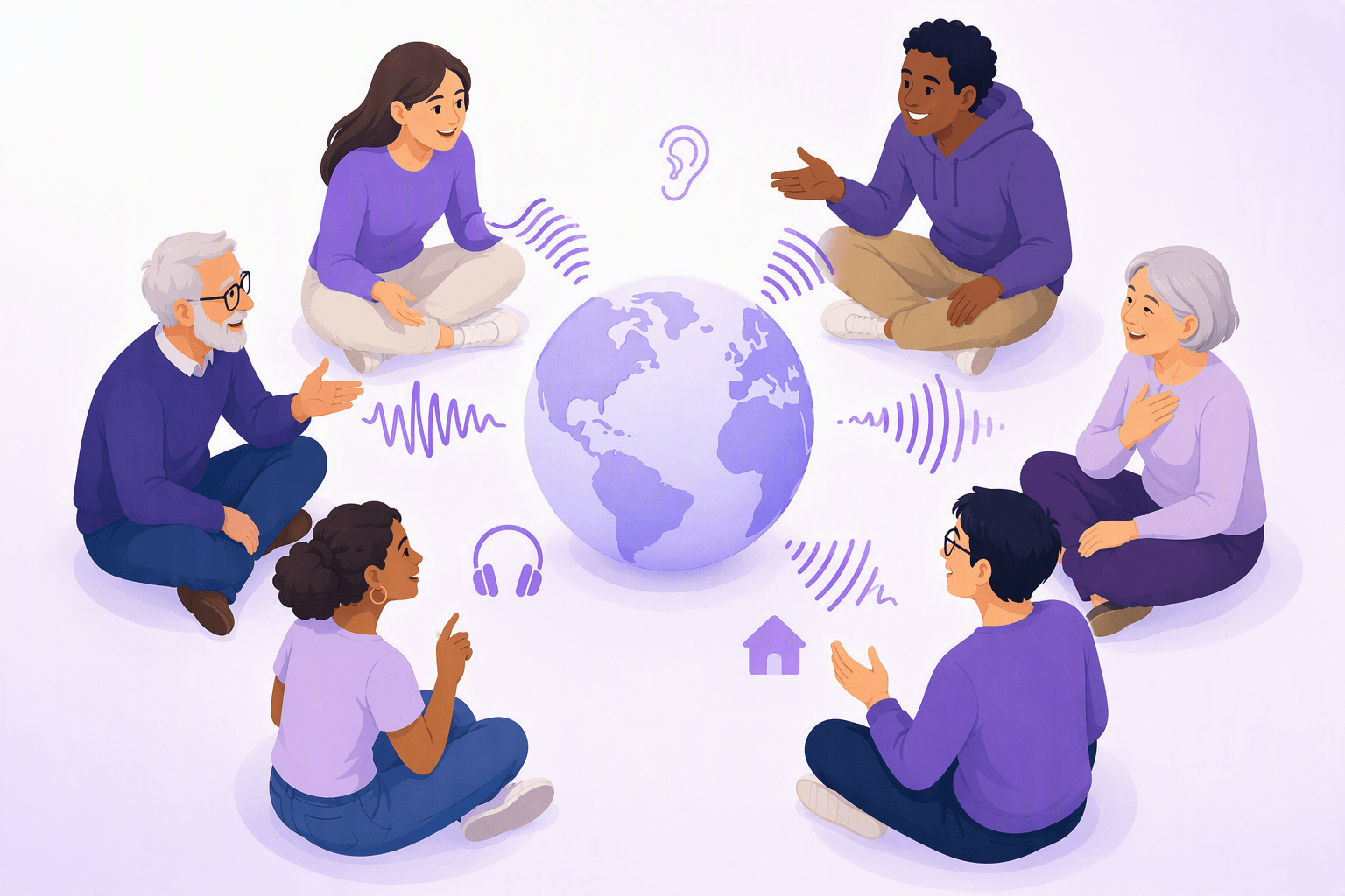 Six people of different ages sitting in a circle around a globe turned to the Americas and western Europe, each sending out a differently shaped sound wave to show regional accent variation