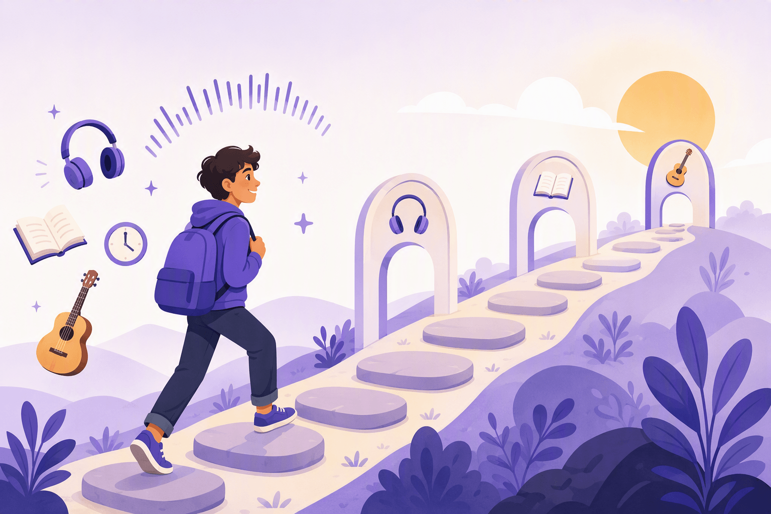 A learner with a backpack walking up a gentle stepping-stone path past milestone arches, surrounded by headphones, a book, a clock and a guitar, illustrating the Spanish learning journey