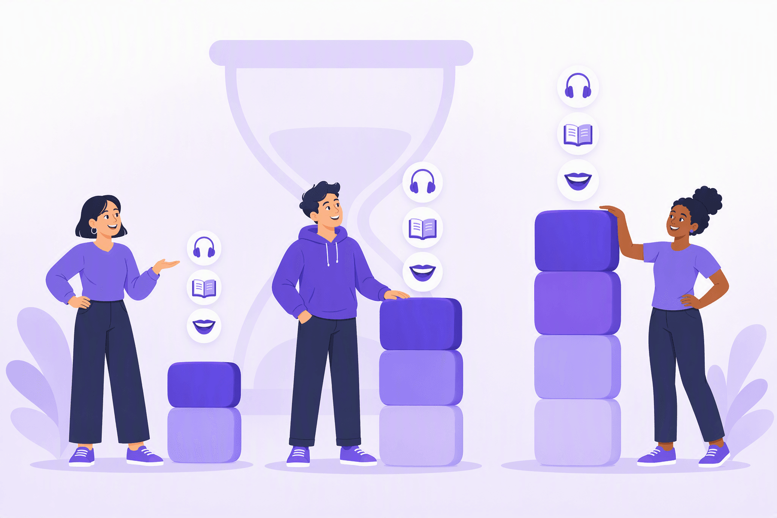 Três aprendizes de pé ao lado de pilhas de blocos de altura crescente, mostrando como diferentes quantidades de prática diária se acumulam ao longo do tempo